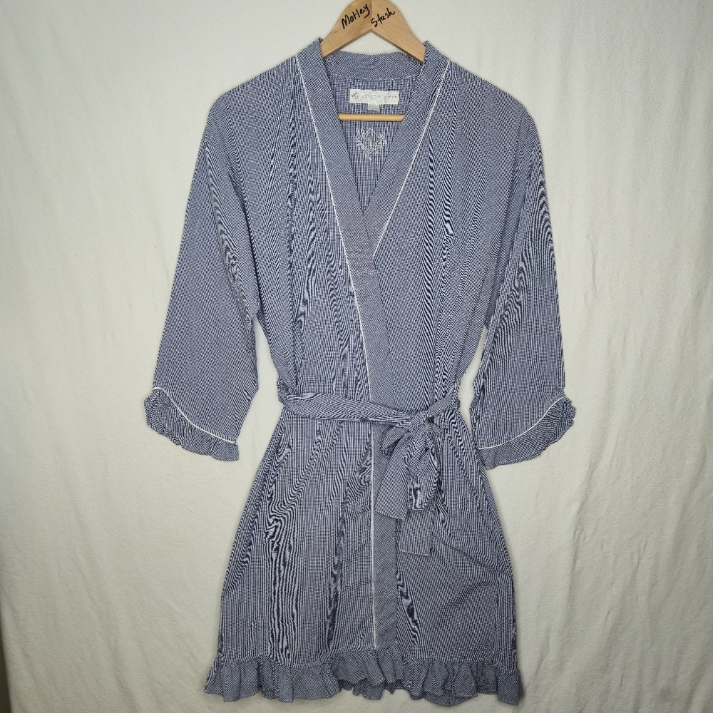 Eileen West Blue Striped Cotton Robe with Waist Tie